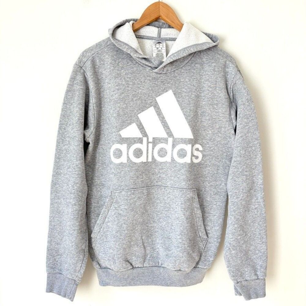 Adidas Mens Heather Grey Hoodie White Spell-Out Logo Sz S Casual Athletic